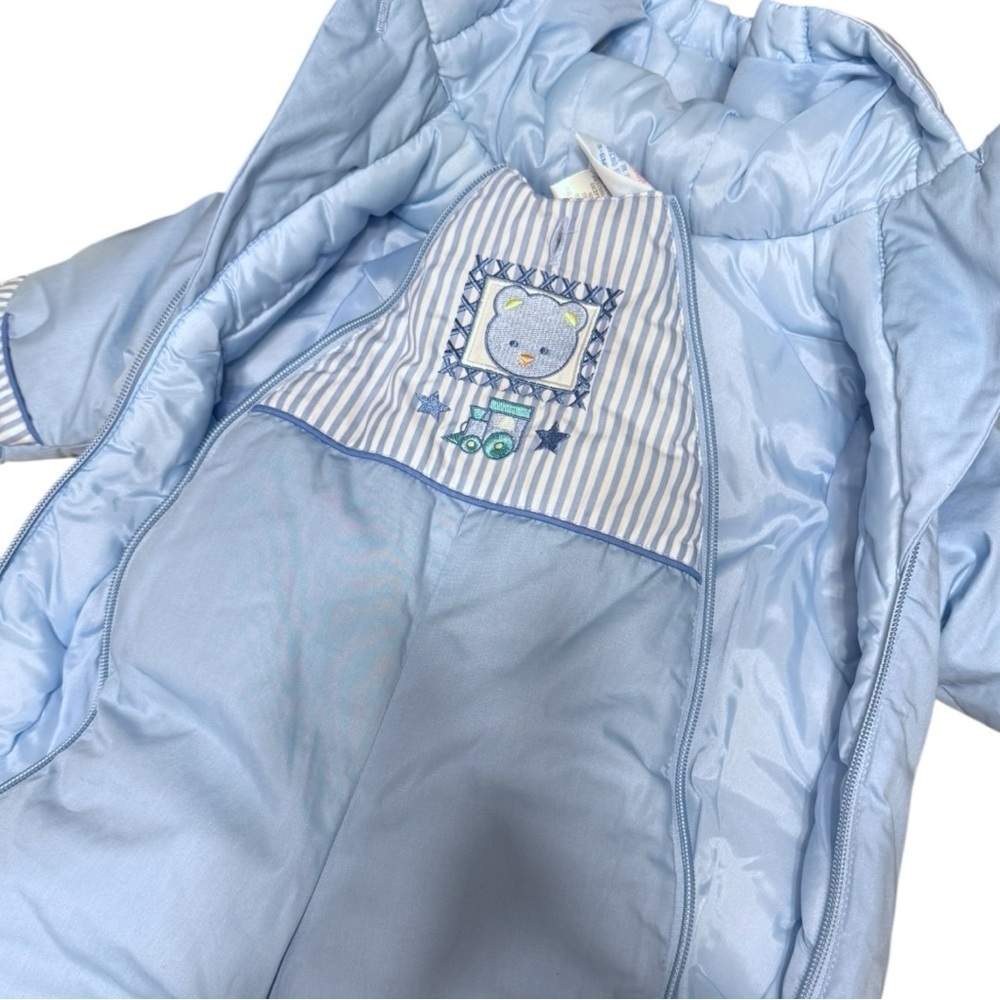 Vintage Quiltex Baby Boy Snowsuit Bunting – Blue Striped Bear Train – 3–6 Months - Picture 5 of 11